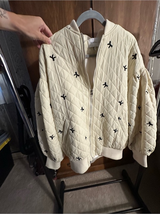 Mable Jackets & Blazers - MABLE Cream Quilted Bomber Jacket with Bow details
